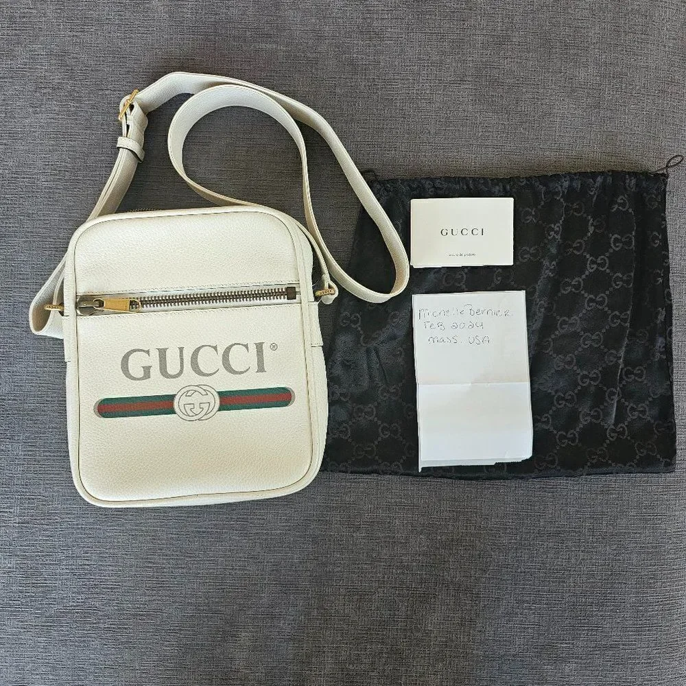 Gucci Men's Authentic White Logo Print Leather Messenger Crossbody Bag